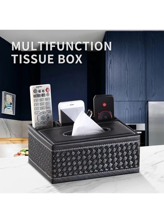 Black Faux Leather Tissue Box Organizer With Remote And Phone Holder - Image 2